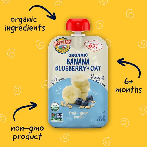 Earth's Best Organic Baby Food Pouches, Wholesome Breakfast Puree for Babies 6 Months and Older, Organic Banana Blueberry and Oat Puree, 3.5 oz Resealable Pouch (Pack of 12)