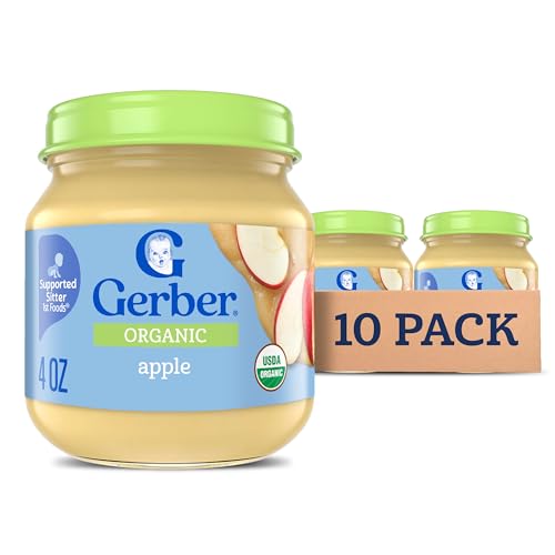 Gerber Stage 1 Baby Food, Organic Apple Jar, Fruit Puree, Vitamin C, Non-GMO, Baby Food Fruit, Puree Jars Glass, 10-pack