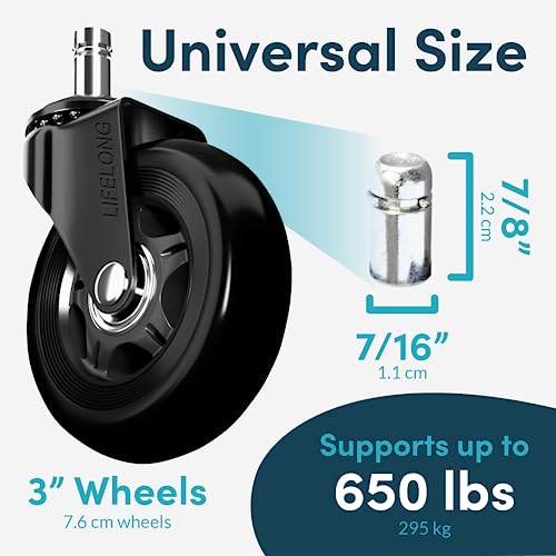 Lifelong Office Chair Wheels Replacement Rubber Chairs Casters for Hardwood Floors and Carpet, Set of 5, Heavy Duty Desk Casters for Chairs to Replace Office Chair Mats - Universal Fit