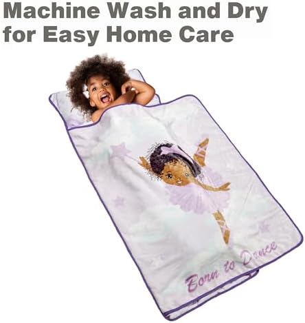 EVERYDAY KIDS Toddler Nap Mat with Removable Pillow - Born to Dance African American Ballerina - Carry Handle with Straps Closure, Rollup Design for Preschool, Daycare, Sleeping Bag - Ages 2-6 Years