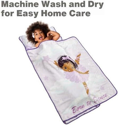 EVERYDAY KIDS Toddler Nap Mat with Removable Pillow - Born to Dance African American Ballerina - Carry Handle with Straps Closure, Rollup Design for Preschool, Daycare, Sleeping Bag - Ages 2-6 Years