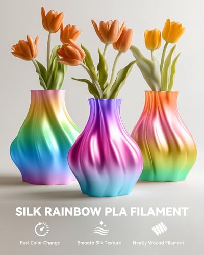SUNLU Silk Rainbow PLA Filament, Multicolor Silk 3D Printer Filament 1.75mm +/- 0.02mm, Fast Color Change Each 8 Meters, 330 Meters, 1kg/2.2lbs, Silk Rainbow Filament(Pink-Yellow-Blue-Green)