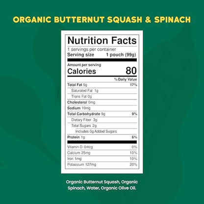 Serenity Kids 6+ Months Veggie Puree Baby Food Pouches - USDA Organic No Added Sugar - Butternut Squash & Spinach Blend - BPA & Allergen Free - 3.5 Oz, 6 Pack