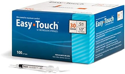 Easy Touch U-100 Insulin Syringe with Needle, 30G 0.5cc 1/2-Inch (12.7mm), Box of 100