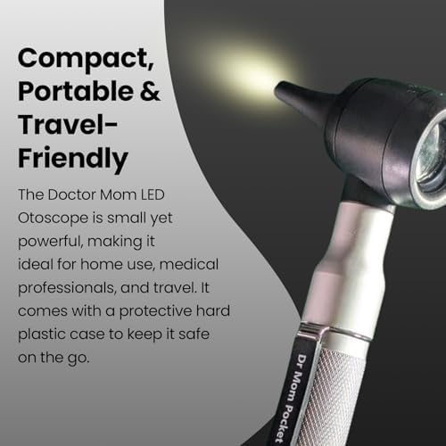 4th Generation Doctor Mom LED Pocket Pro Otoscope with Both Adult and Pediatric Disposable Specula Tips, Battery, and Protective Hard Plastic Case
