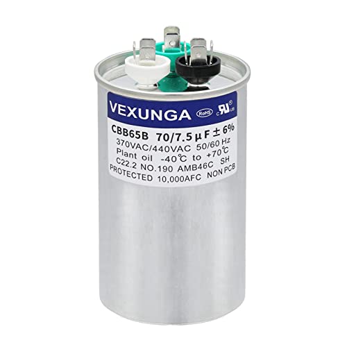 70/7.5 uF 70+7.5 MFD 370V or 440V Dual Run Start Round A/C Capacitor CBB65 CBB65B Air Conditioner Capacitors for AC Unit Fan Motor Start or Heat Pump or Condenser Straight Cool