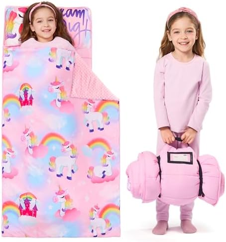 JOIEDOMI Toddler Nap Mat for Preschool 55''x30'' Sleeping Mat with Removable Pillow and Minky Blanket for Kids Ages 3-7 Roll Up Soft Kids Sleeping Bag for Boys Girls Kindergarten Daycare Sleepover