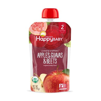 Happy Baby Organics Stage 2 Baby Food Pouches, Gluten Free, Vegan & Healthy Snack, Clearly Crafted Fruit & Veggie Puree, Apples, Guavas & Beets, 4 Ounces (Pack of 16)
