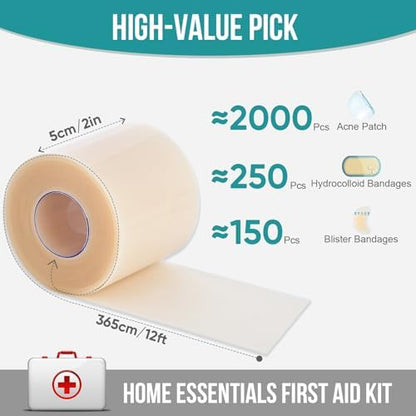 Hydrocolloid Roll for Wound Care, Hydrocolloid Patch Bandages with Self-Adhesive, Bed Sore Bandages, Highly Absorbent for Burn, Blister, Acne Care, Sterile and Waterproof (2in x 12ft)
