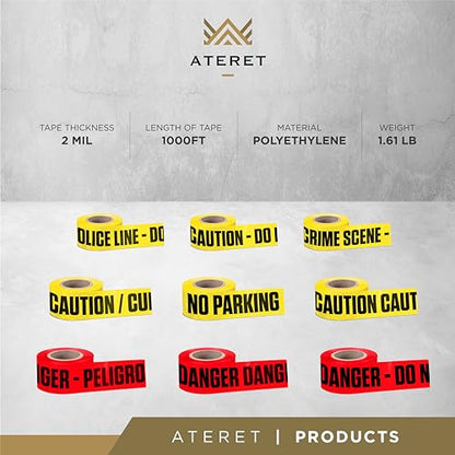 ATERET Premium Yellow Caution Tape 3-Pack 3 inch x 1000 feet, Hazard Safety Tape, Construction Tape for Danger/Hazardous Area, Ideal Use for Halloween Decorations, Party, Work-Site