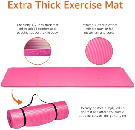 Amazon Basics 1/2 Inch Extra Thick Exercise Yoga Mat with Carrying Strap, Cushioned Support, for Fitness and Gym Workouts