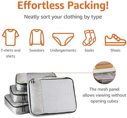 Amazon Basics 4 Piece Packing Cubes Travel Organizer Set with Double Zipper, Mesh Top, Large, Gray