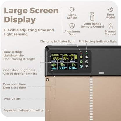 Automatic Chicken Coop Door Solar Powered with Remote Control, Timer and Light Sensor, 4 Modes, Color LCD Display, Aluminum Chicken Door with Adjustable Anti-Pinch