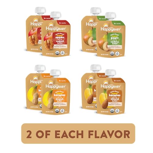 Happy Baby Organics Stage 2, Baby Food Pouches, Gluten Free, Vegan Snack, Nutty Blends, Fruit & Nut Butter Variety Pack (Pack of 8)