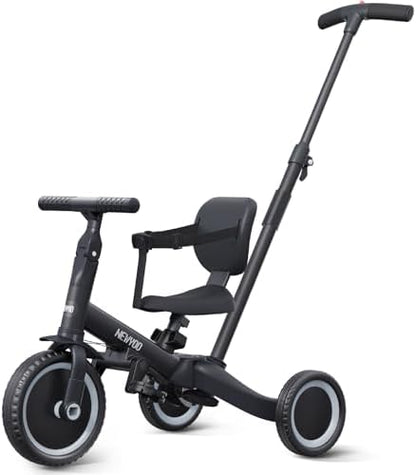 newyoo Toddler Bike, Tricycle w Push Handle for 1-3 Year Old, Birthday Gifts and Toys for Boy's and Girl's Birthday, Convertible 5 in 1 Baby Balance Bike, Kids Outdoor Riding Toys, Black, TR007