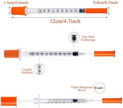U-100 Syringes with Needle - 30G 5/16" (8mm) 1ml/cc Disposable Syringe, Individual Wrapped, 100PACK