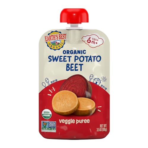 Earth's Best Organic Baby Food Pouches, Stage 2 Vegetable Puree for Babies 6 Months and Older, Organic Sweet Potato and Beets Puree, 3.5 oz Resealable Pouch (Pack of 12) (Packaging May Vary)