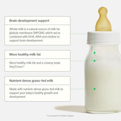 Bobbie Whole Milk, Grass Fed Infant Formula with Iron, Plant Based DHA and ARA, Vitamin D and Protein Blend Modeled After Breast Milk, For Newborn Baby to 12 Month Old, 14.1 oz