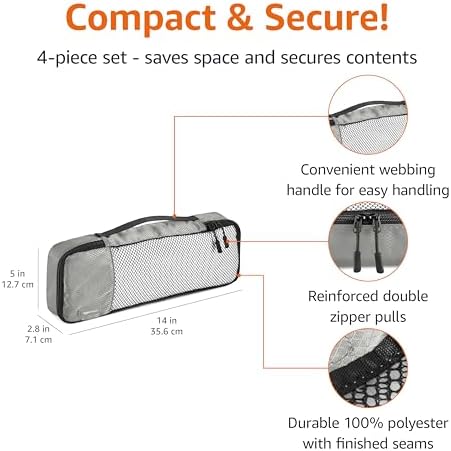 Amazon Basics Slim Packing Cubes for Travel, Packing Organizers, 4-Piece-Set With Double Zipper Pulls and Mesh Top Panel, 100% Durable Polyester, Gray, 14"L x 5"W x 3"H