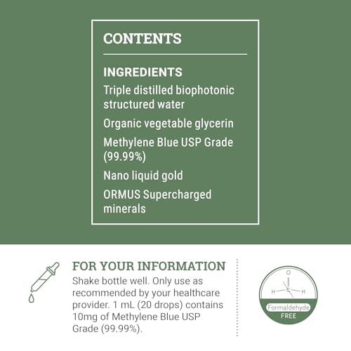 Earth Harmony Methylene Blue 1% Pharmaceutical Grade Supplement with Dropper, Includes Nano Liquid Gold, Methylene Blue USP Grade, No Formaldehyde (2 Oz)