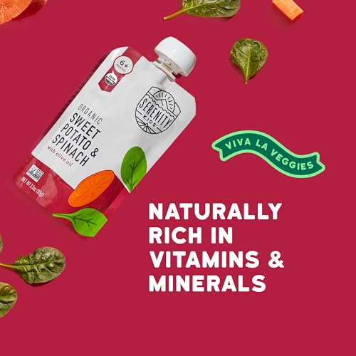 Serenity Kids 6+ Months Veggie Puree Baby Food Pouches - USDA Organic - No Sugary Fruits or Added Sugar - Allergen Free - 3.5 Oz BPA-Free Pouch - Sweet Potato & Spinach - 6 Count - Sweet Potato Puree