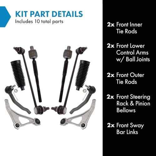 TRQ Front Steering & Suspension Kit Control Arm with Ball Joint Steering Rack & Pinion Bellow Sway Bar Stabilizer Link Tie Rod Compatible with 2015-2018 Nissan Altima 2016-2023 Maxima