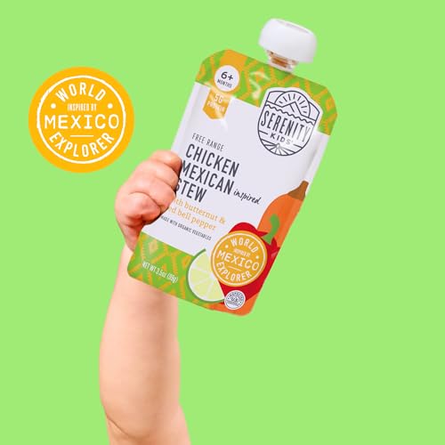 Serenity Kids 6+ Months World Explorers Chicken Mexican Stew Baby Food Pouches - Puree Pouch with Ethically Sourced Chicken & Organic Veggies - BPA-Free - 3.5 Oz, 12 Pack