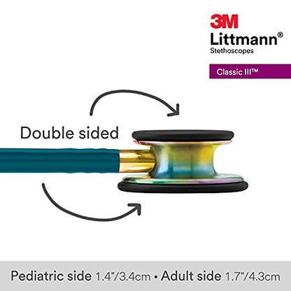 3M Littmann Classic III Monitoring Stethoscope, 5807, More Than 2X as Loud, Weighs Less, Stainless Steel Rainbow-Finish Chestpiece, 27" Caribbean Blue Tube, Brass Stem and Headset
