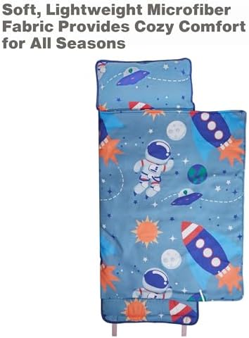 EVERYDAY KIDS Nap Mat w/Removable Pillow -Outer Space Adventures- Carry Handle with Straps Closure, Rollup Design, Soft Microfiber for Preschool, Daycare, Travel Sleeping Bag - Ages 3-6 Years