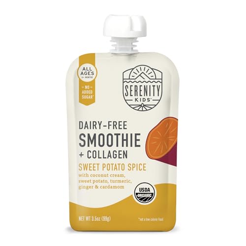 Serenity Kids 6+ Months Dairy-Free Smoothie Baby Food Pouches - USDA Organic, Grass Fed Collagen Protein - 3.5 Oz BPA-Free - Sweet Potato Spice - 6 Count - Smoothie Pouches