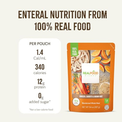 Real Food Blends Chicken, Carrots & Brown Rice - Pureed Food Meals for Tube Feeding with Protein, Vegetables & Fruits - 340 Calories for Lunch & Dinner - 9.4 oz (Pack of 12)