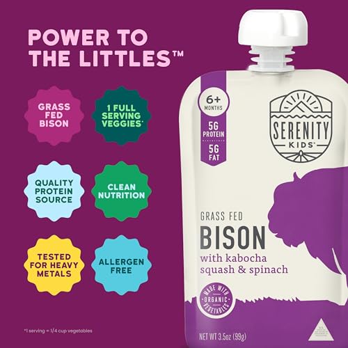 Serenity Kids Baby Food Pouches, Grass Fed Bison with Organic Kabocha Squash & Spinach, For 6+ Months, 3.5 Ounce Pouch (12 Count)