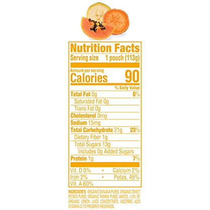 Happy Family Happy Baby Organic Clearly Crafted Stage 2 Baby Food Bananas, Sweet Potatoes & Papayas, 4 Pouch (Pack of 16), Banana Sweet Potato Yellow Papaya, 64 Oz