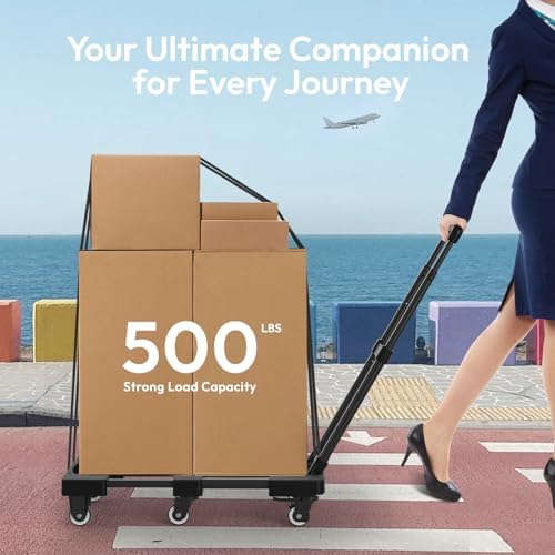 Folding Hand Truck 600lbs, Portable Heavy Duty Dolly Cart, 6 Wheels Collapsible Luggage Cart with 2 Elastic Ropes - Compact Trolley Cart for Easy Moving - Ideal Hand Cart for Travel and More