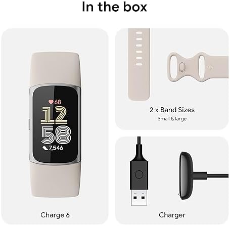 Fitbit Charge 6 Fitness Tracker with Google apps, Heart Rate on Exercise Equipment, 6-Months Premium Membership Included, GPS, Health Tools and More, Porcelain/Silver, One Size (S & L Bands Included)