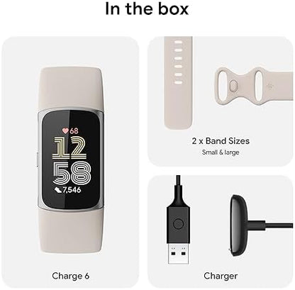 Fitbit Charge 6 Fitness Tracker with Google apps, Heart Rate on Exercise Equipment, 6-Months Premium Membership Included, GPS, Health Tools and More, Porcelain/Silver, One Size (S & L Bands Included)