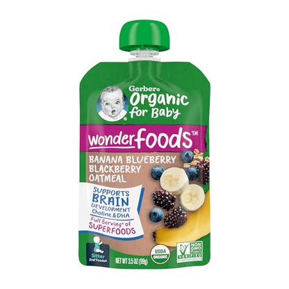 Gerber Organic Baby Food Pouches, 2nd Foods for Sitter, WonderFoods, Banana Blueberry Blackberry Oatmeal, 3.5 Ounce (Pack of 12)