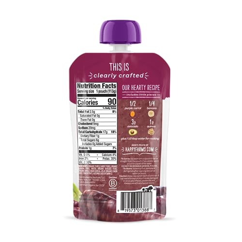 Happy Baby Organics Stage 2 Baby Food Pouches, Gluten Free, Vegan & Healthy Snack, Clearly Crafted Fruit & Veggie Puree, Purple Carrots, Bananas, Avocados & Quinoa, 4 Ounces (Pack of 16)