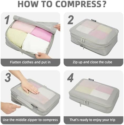 BAGAIL 4 Set/6 Set/8 Set Compression Packing Cubes Travel Accessories Expandable Packing Organizers (Square Mesh, 06-Grey)
