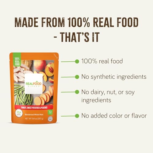 Real Food Blends Turkey, Sweet Potatoes & Peaches - Pureed Food Meals for Tube Feeding with Protein, Vegetables & Fruits - 320 Calories for Lunch & Dinner - 9.4 oz (Pack of 12)