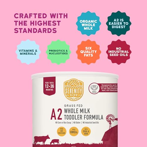 Serenity Kids 12-36 Months A2 Whole Milk Toddler Formula Powder - Organic Grass-Fed Milk Powder with Prebiotics & DHA & ARA for Brain & Eye Support - Clean Label Purity Award Certified - 21 Oz, 1 Pack