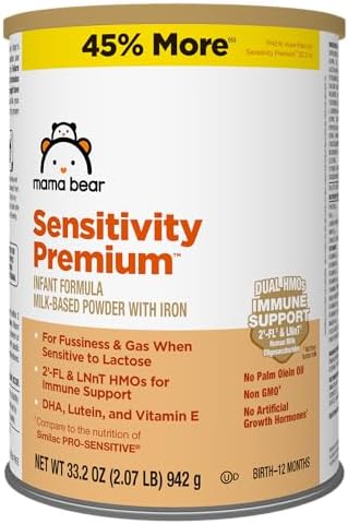 Amazon Brand - Mama Bear Sensitivity Premium Infant Formula Powder with Iron, Dual HMOs for Immune Support, Non-GMO, for Fussiness and Gas from Lactose Sensitivity, 33.2 Ounce (Pack of 1)
