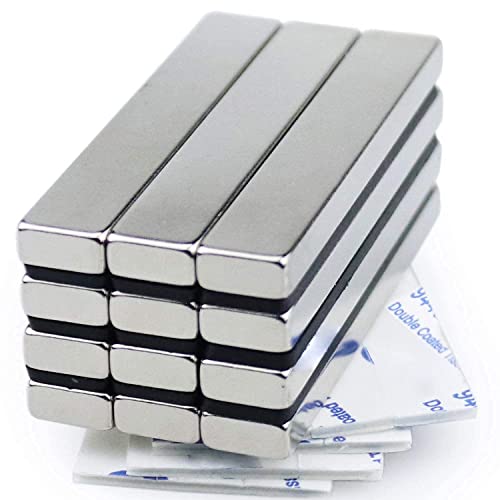 MIKEDE Magnets, 12 Pack Neodymium Bar Magnets with Double-Sided Adhesive, Strong Magnet Heavy Duty Magnetic Strips, Powerful Rare Earth Metal Magnet for Locker, Fridge, Office - 60x10x5 mm