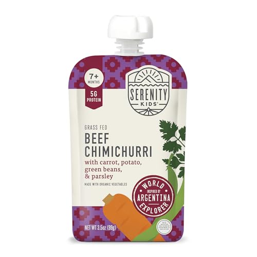 Serenity Kids 7+ Months Baby Food Puree Pouches Beef Chimichurri - Ethically Sourced Meat & Organic Veggies - BPA-Free Pouches - Toddler Food & Baby Snack - 3.5 Oz, 12 Pack