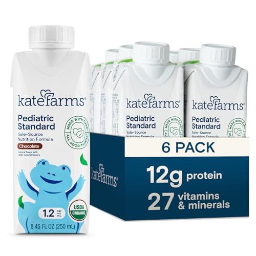 KATE FARMS Organic Pediatric 1.2 High Calorie Chocolate Nutrition Shake, 12g Protein, 27 Vitamins and Minerals, Meal Replacement, 8.45 oz (6 pack)