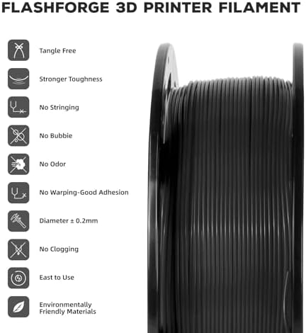FLASHFORGE PLA Filament 1.75mm, 3D Printer Filament 1kg (2.2lbs) Spool, Dimensional Accuracy +/- 0.02mm, 3D Printing Filament Easy to Use and Fits for Most FDM 3D Printers (Black)
