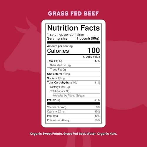Serenity Kids 6+ Months Baby Food Pouches - Grass Fed Beef Puree with Organic Kale & Sweet Potato - BPA-Free Baby Snacks - 3.5 Oz, 6 Pack