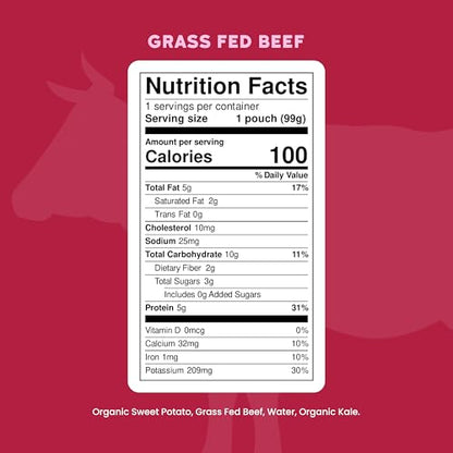 Serenity Kids 6+ Months Baby Food Pouches - Grass Fed Beef Puree with Organic Kale & Sweet Potato - BPA-Free Baby Snacks - 3.5 Oz, 6 Pack