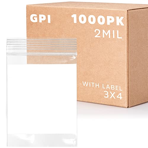 GPI Case of 1000 3" X 4" Clear Plastic Reclosable Zip Bags - Bulk 2 Mil Thick Strong & Durable Poly Baggies with Resealable Zipper Top Lock & Write-on White Block, for Storage, Packaging & Shipping