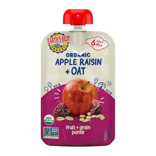 Earth's Best Organic Baby Food Pouches, Stage 2 Wholesome Breakfast Puree for Babies 6 Months and Older, Organic Apple Raisin Oat Puree, 3.5 oz Resealable Pouch (Pack of 12) (Packaging May Vary)